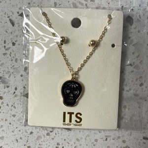 Sugar skull necklace and gold stud earrings